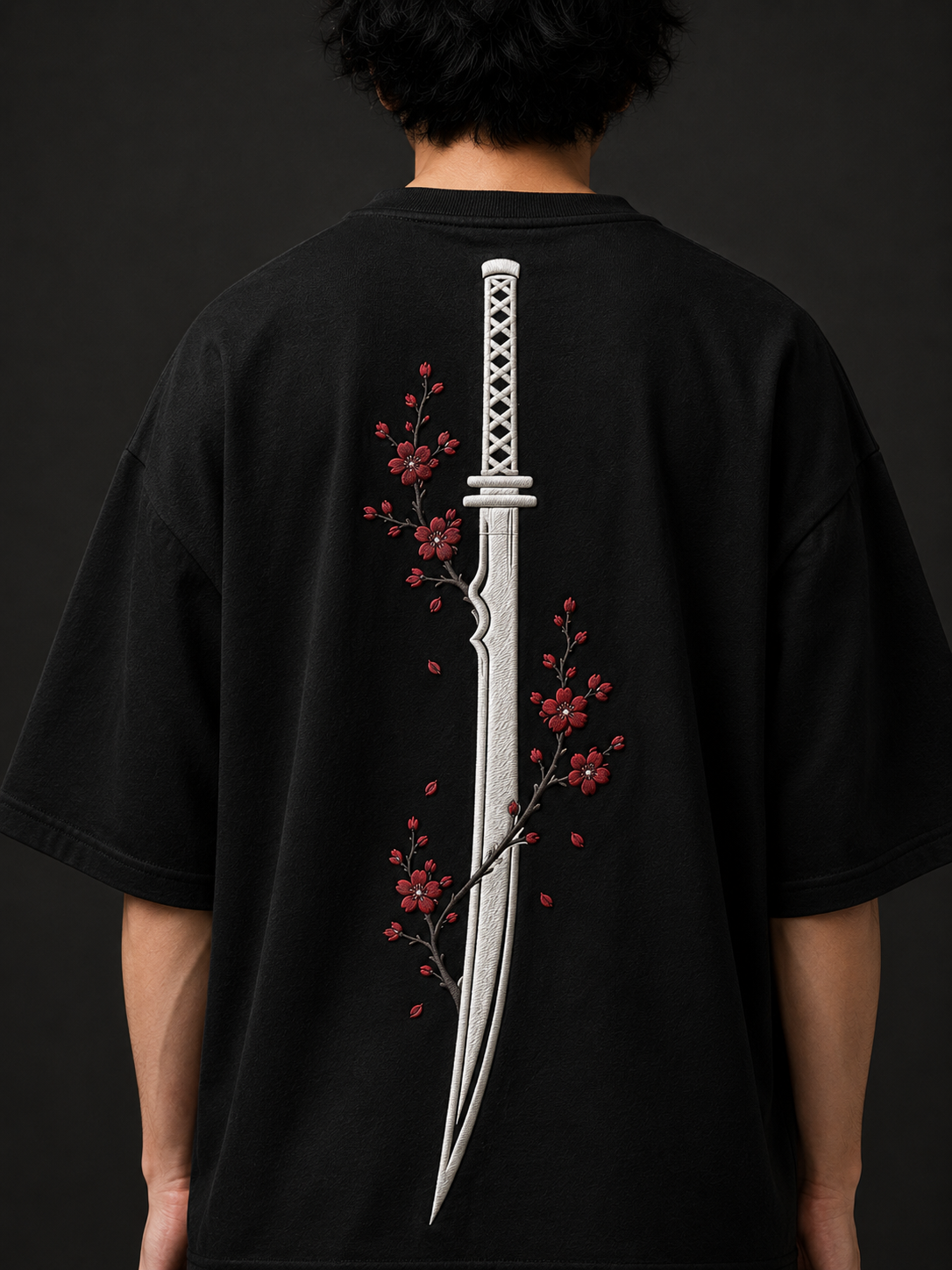 Model wearing the IstitchJo Hanabi black tee with embroidered katana and cherry blossom design